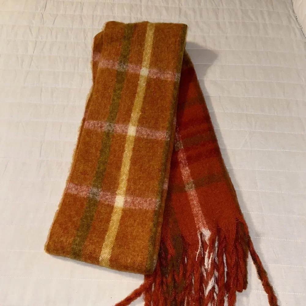 Frye & Co. Rusty Clay Orange Plaid Check Midweight Large Tasseled Blanket Scarf